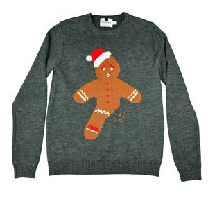 Topman Ugly Christmas Sweater Knit Gray Gingerbread Man Mens Size S Heavyweight